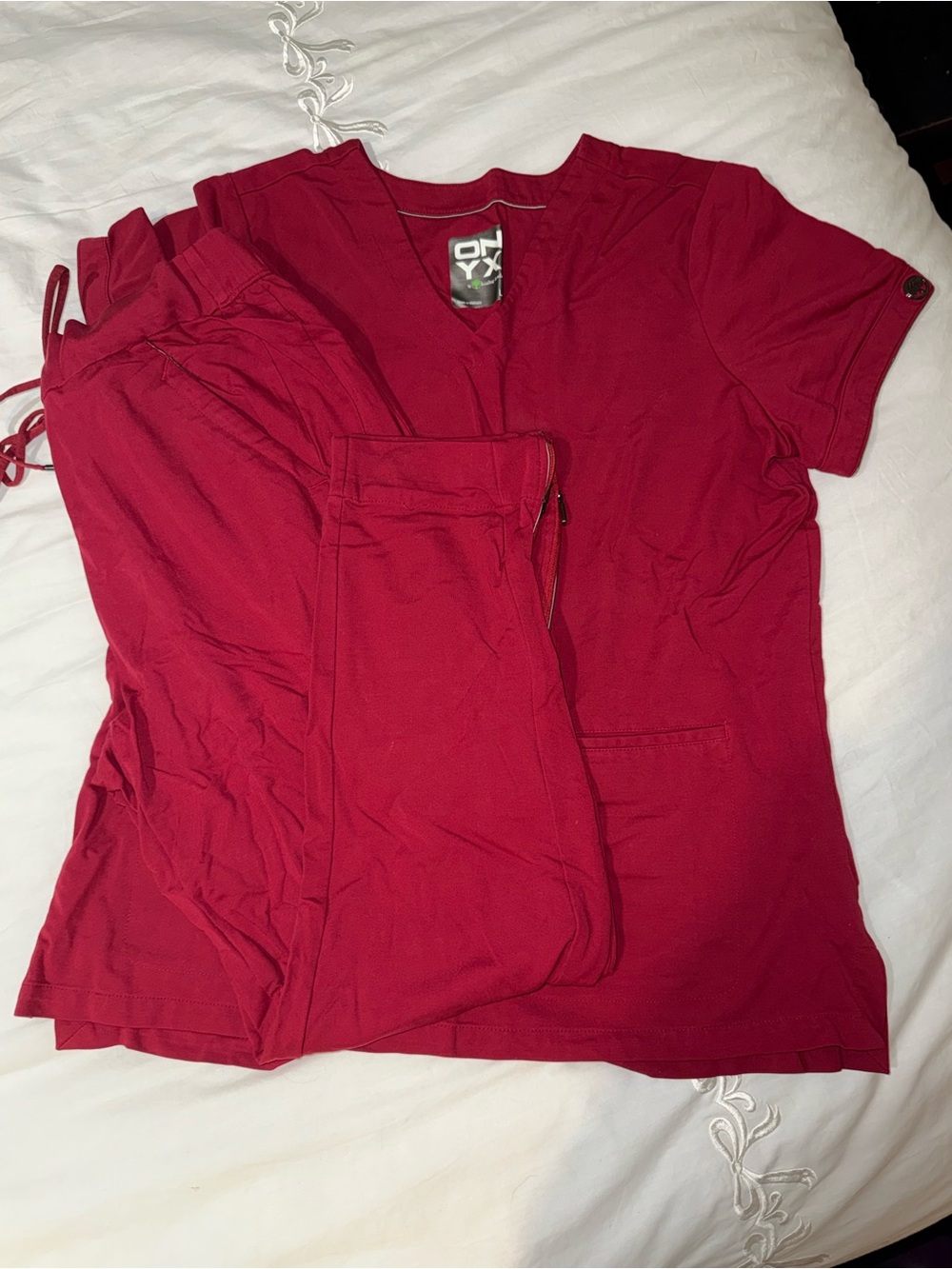 Onyx Deep Red V-Neck Scrub Top with Matching Drawstring Pants